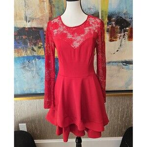 B Darlin Dress Womens Size 11/12 Red Lace Long Sleeve Fit Flare Party Formal